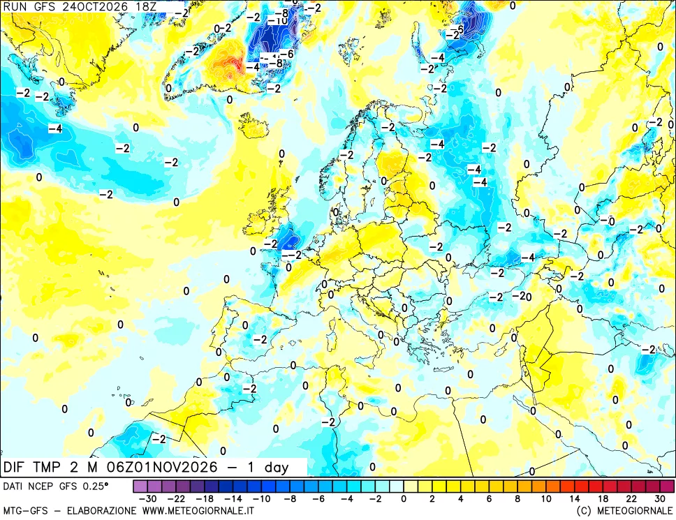 mappa Dif. Temp a 2 metri Valid - 1 day