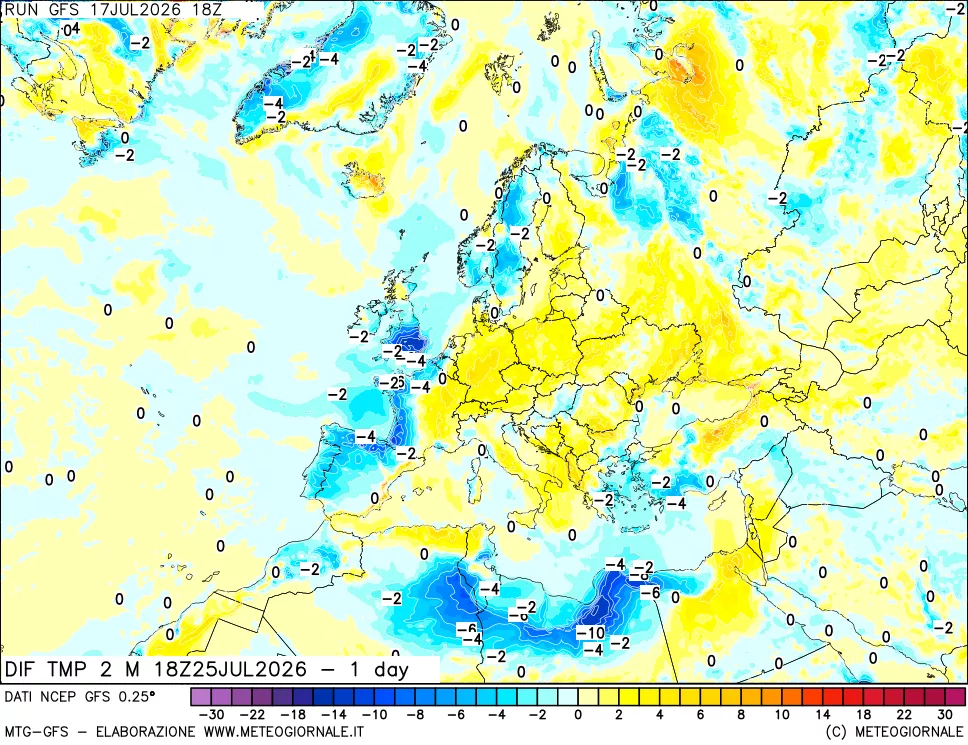 mappa Dif. Temp a 2 metri Valid - 1 day