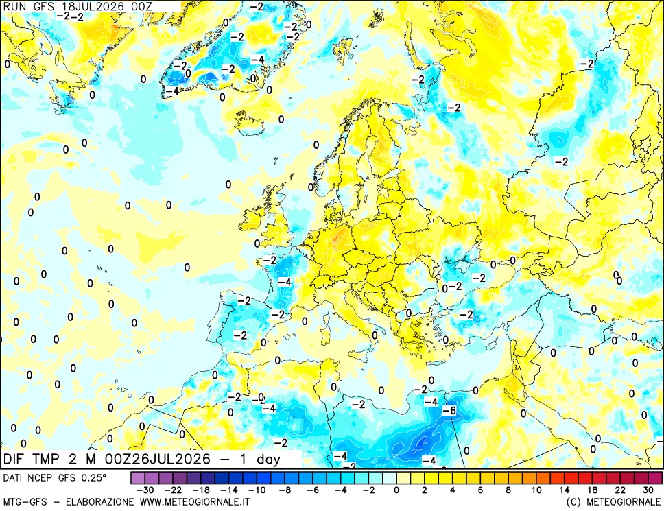 mappa Dif. Temp a 2 metri Valid - 1 day