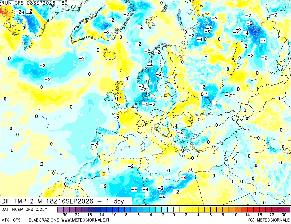 mappa Dif. Temp a 2 metri Valid - 1 day