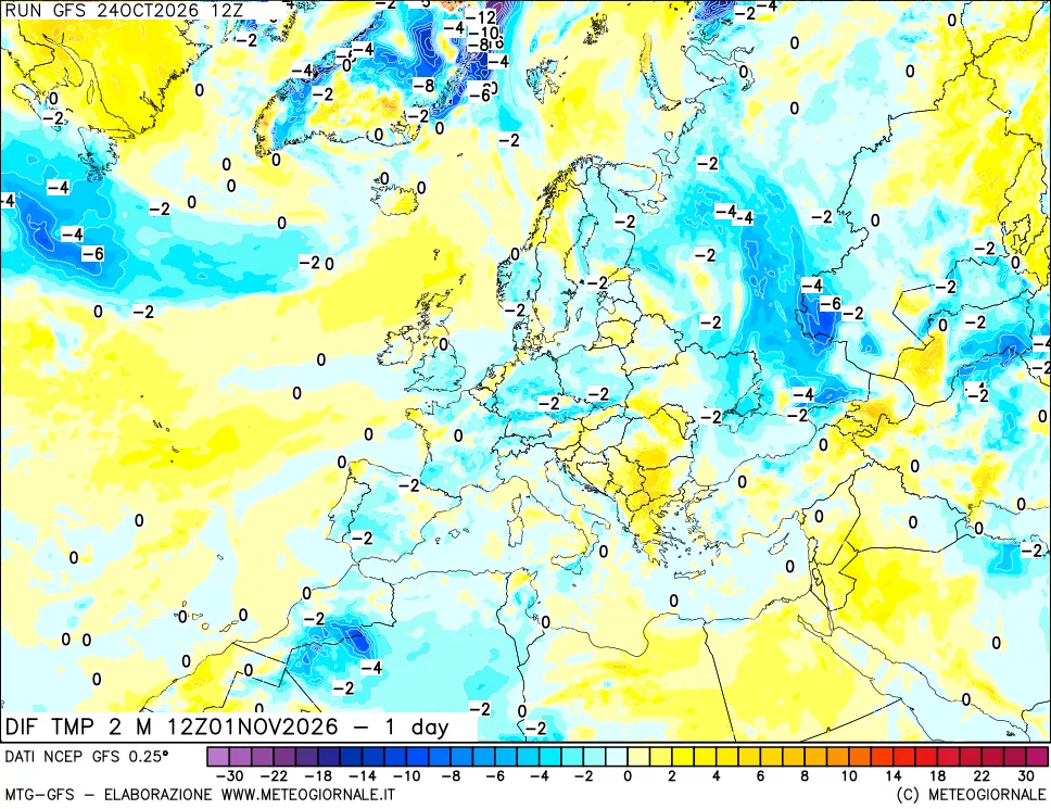 mappa Dif. Temp a 2 metri Valid - 1 day