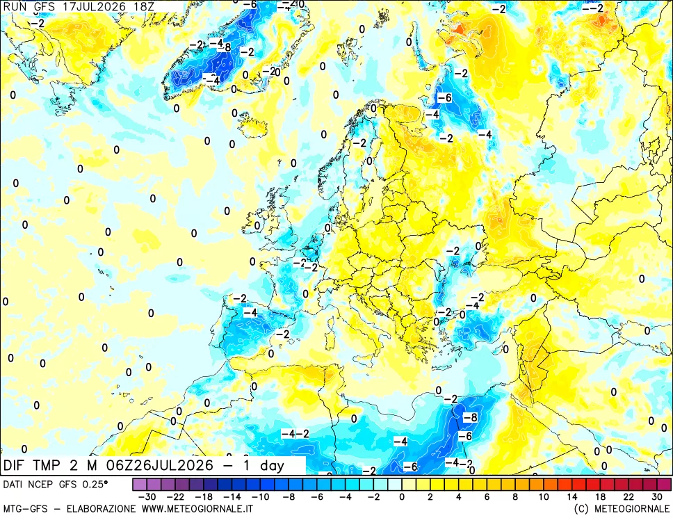mappa Dif. Temp a 2 metri Valid - 1 day