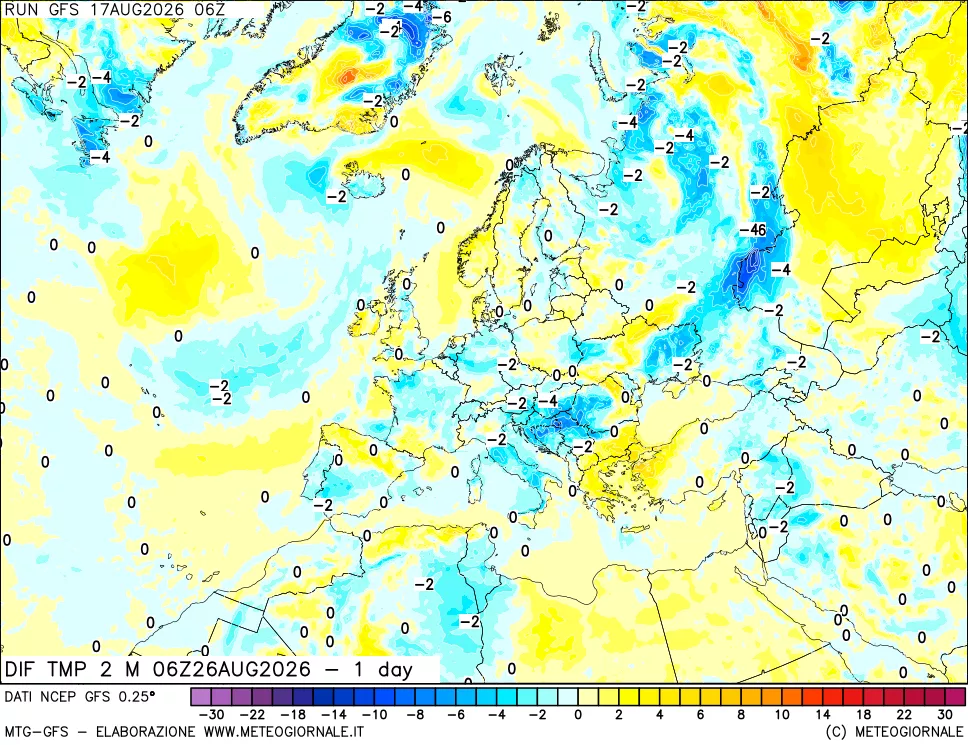 mappa Dif. Temp a 2 metri Valid - 1 day