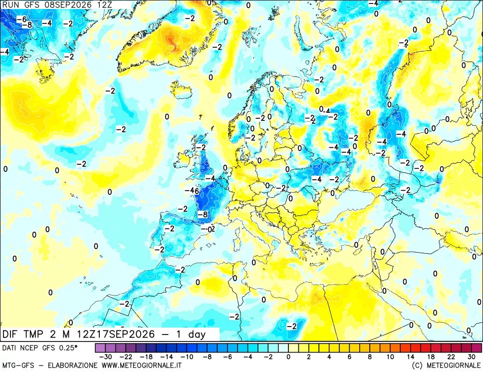 mappa Dif. Temp a 2 metri Valid - 1 day