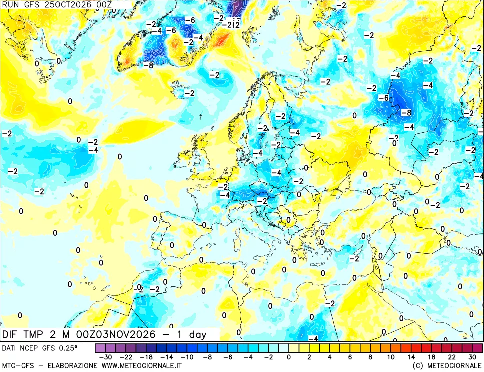 mappa Dif. Temp a 2 metri Valid - 1 day