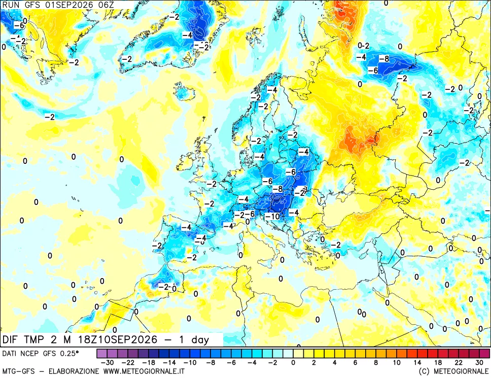 mappa Dif. Temp a 2 metri Valid - 1 day