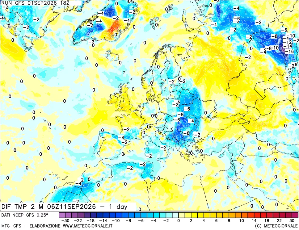 mappa Dif. Temp a 2 metri Valid - 1 day