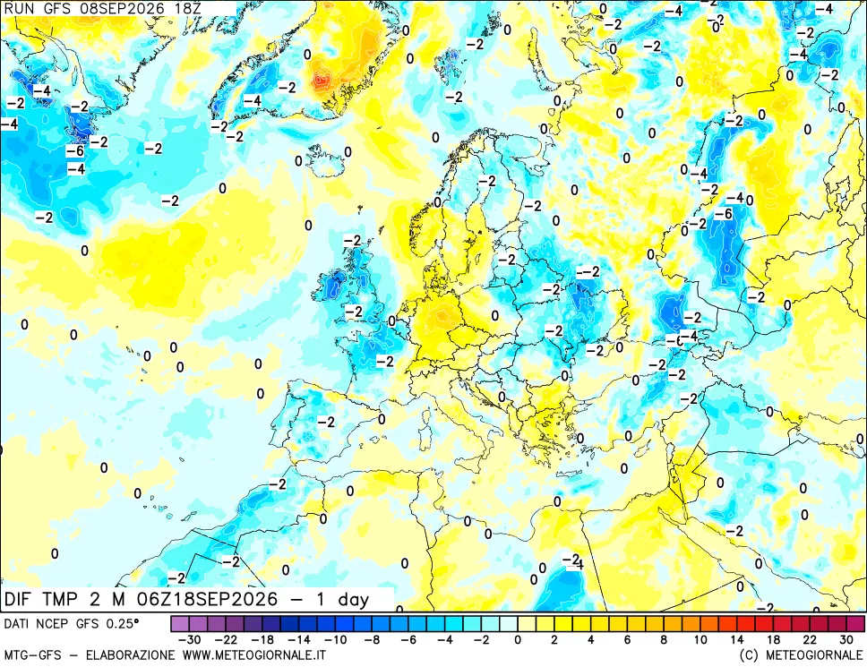 mappa Dif. Temp a 2 metri Valid - 1 day