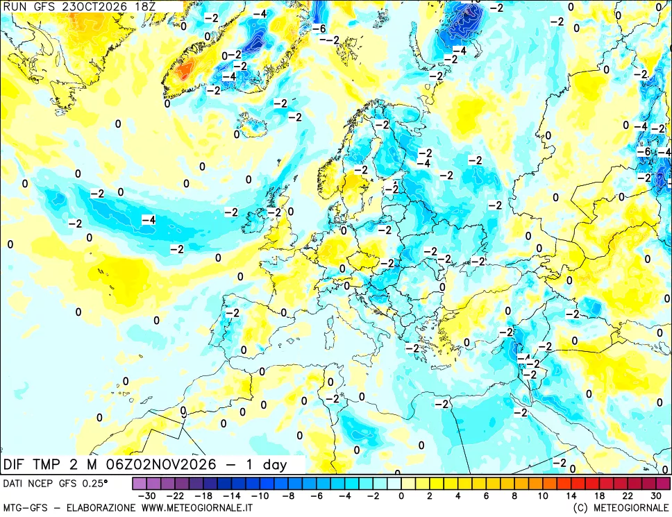 mappa Dif. Temp a 2 metri Valid - 1 day