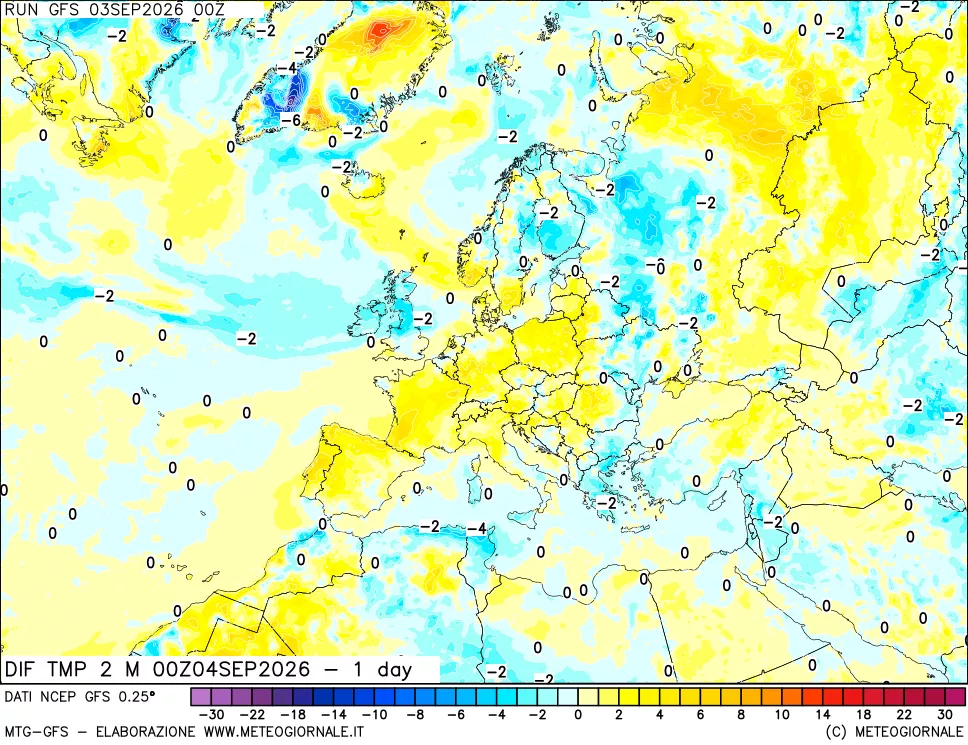 mappa Dif. Temp a 2 metri Valid - 1 day