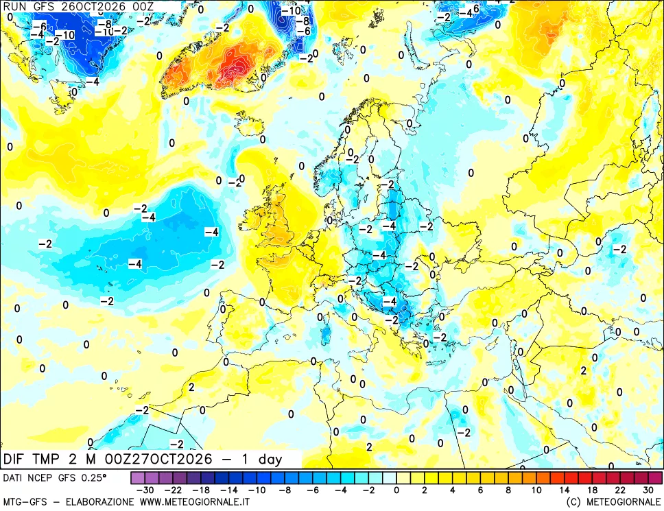 mappa Dif. Temp a 2 metri Valid - 1 day