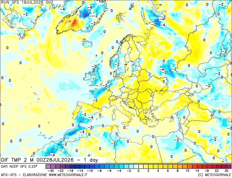 mappa Dif. Temp a 2 metri Valid - 1 day