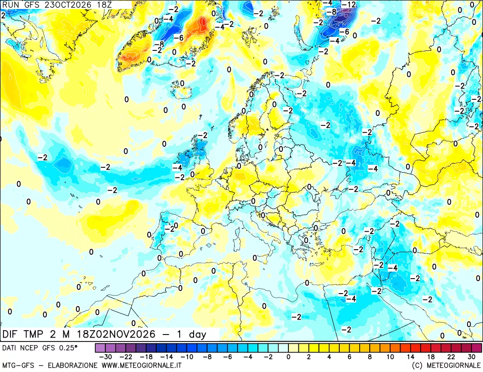 mappa Dif. Temp a 2 metri Valid - 1 day