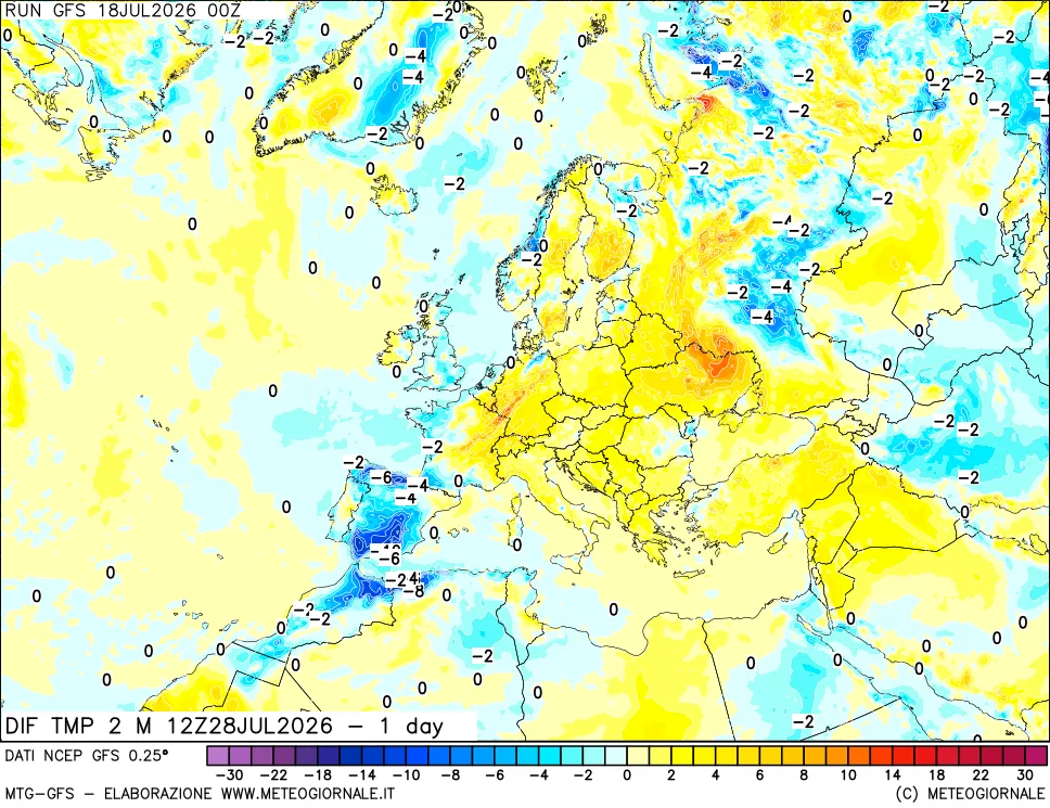 mappa Dif. Temp a 2 metri Valid - 1 day