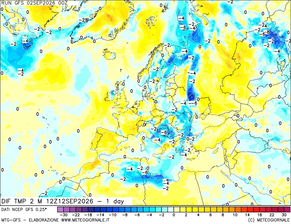 mappa Dif. Temp a 2 metri Valid - 1 day