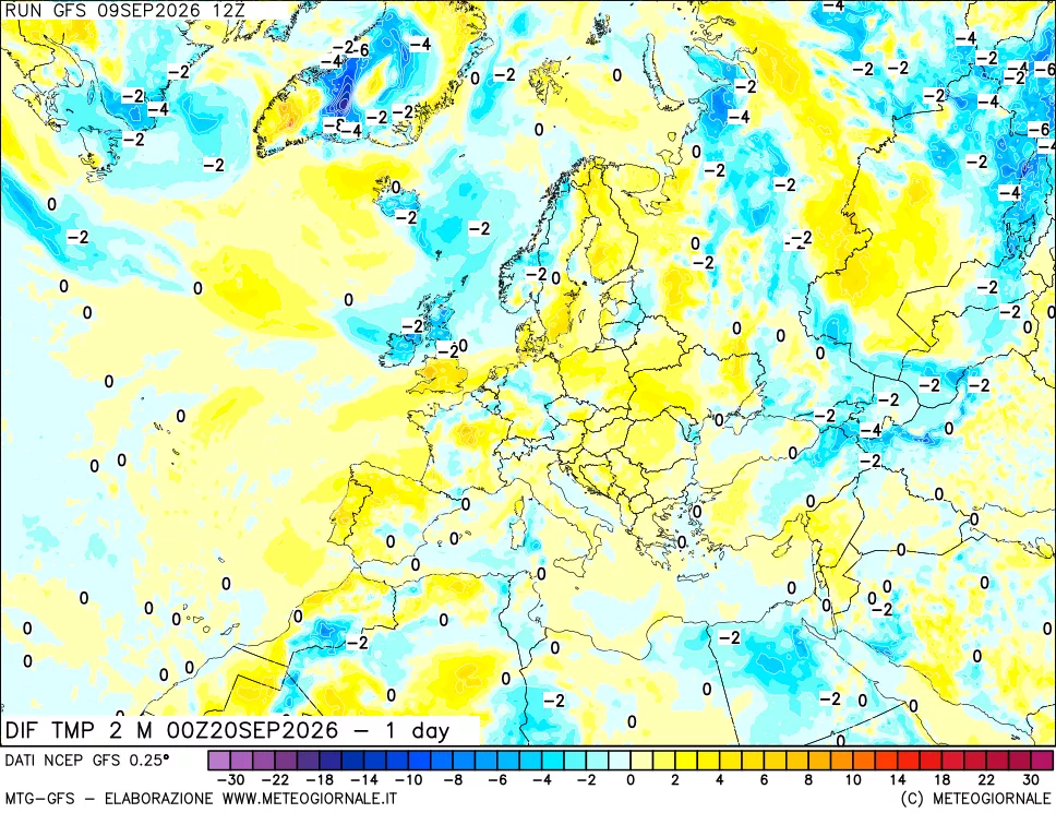 mappa Dif. Temp a 2 metri Valid - 1 day