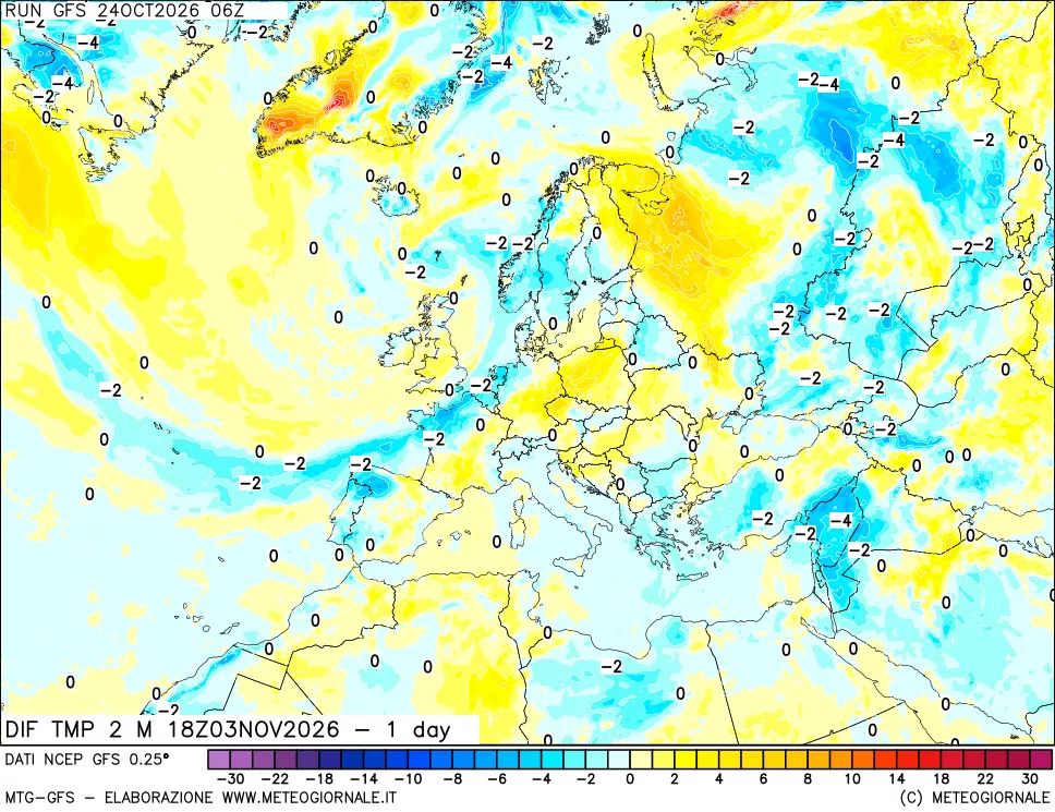mappa Dif. Temp a 2 metri Valid - 1 day