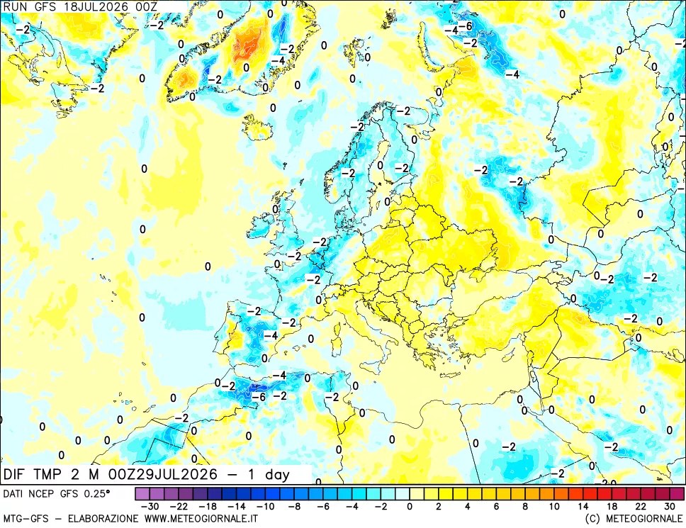 mappa Dif. Temp a 2 metri Valid - 1 day