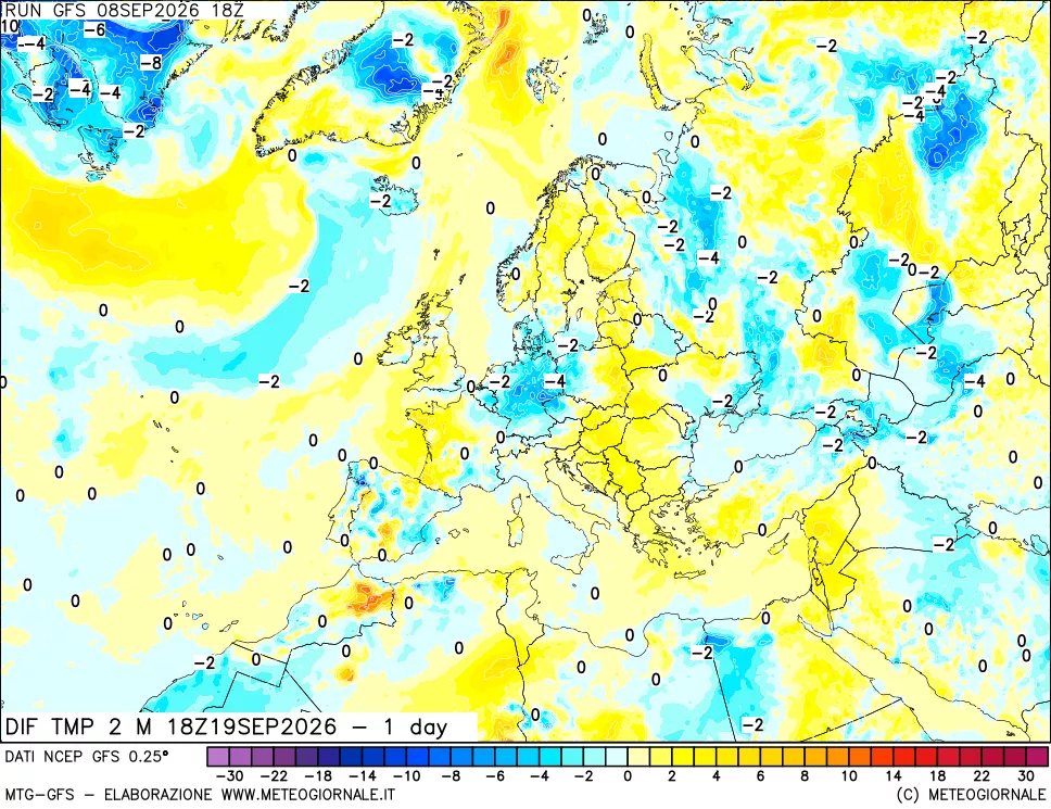mappa Dif. Temp a 2 metri Valid - 1 day