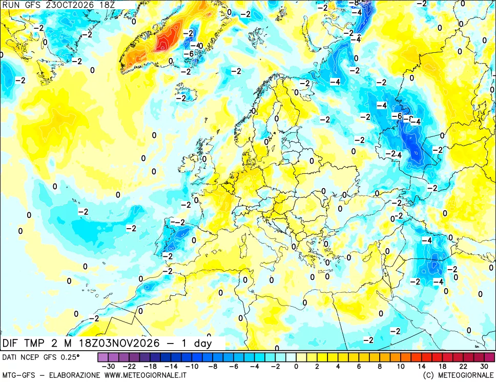 mappa Dif. Temp a 2 metri Valid - 1 day