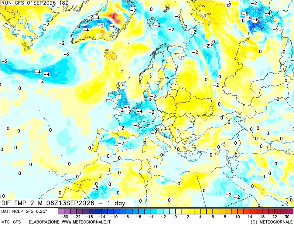 mappa Dif. Temp a 2 metri Valid - 1 day