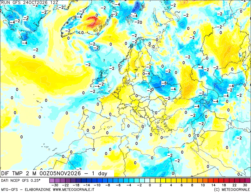mappa Dif. Temp a 2 metri Valid - 1 day