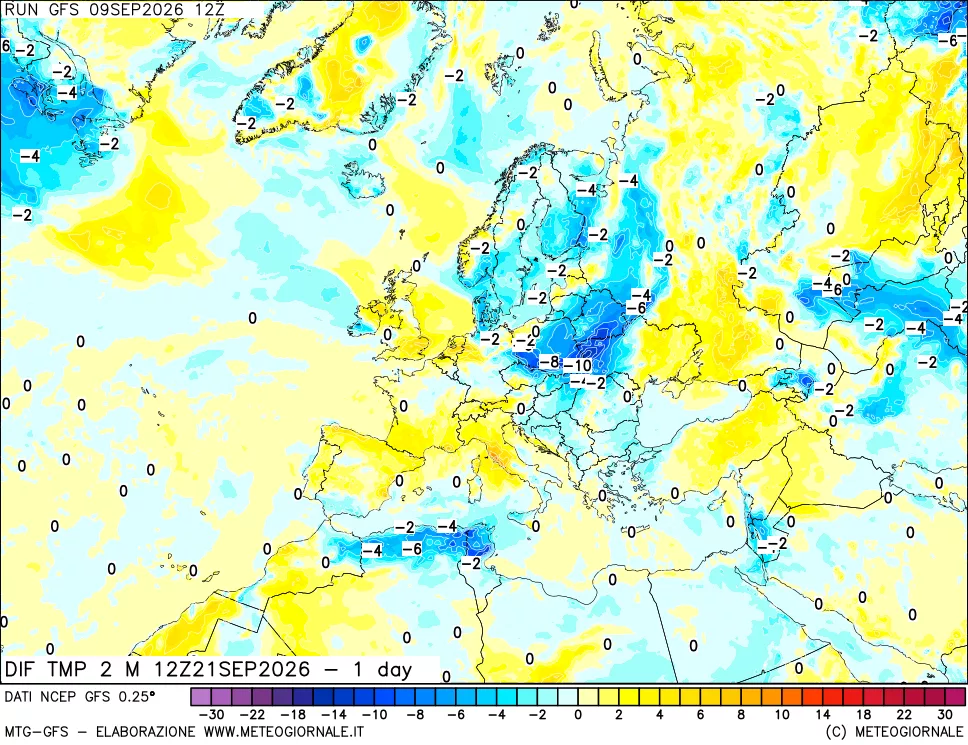 mappa Dif. Temp a 2 metri Valid - 1 day
