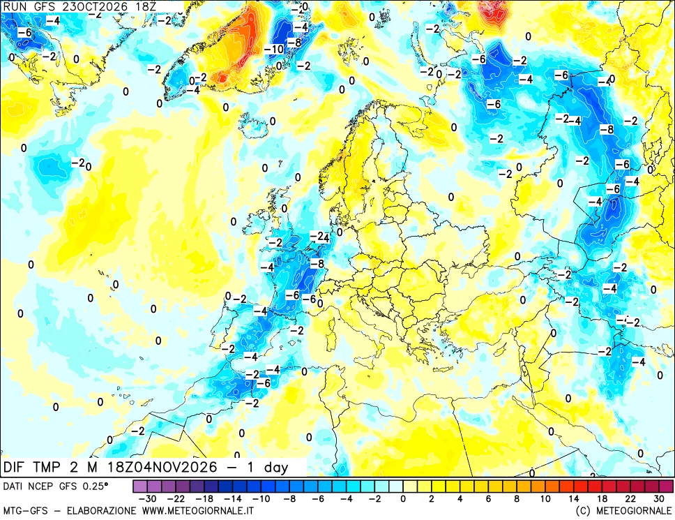 mappa Dif. Temp a 2 metri Valid - 1 day