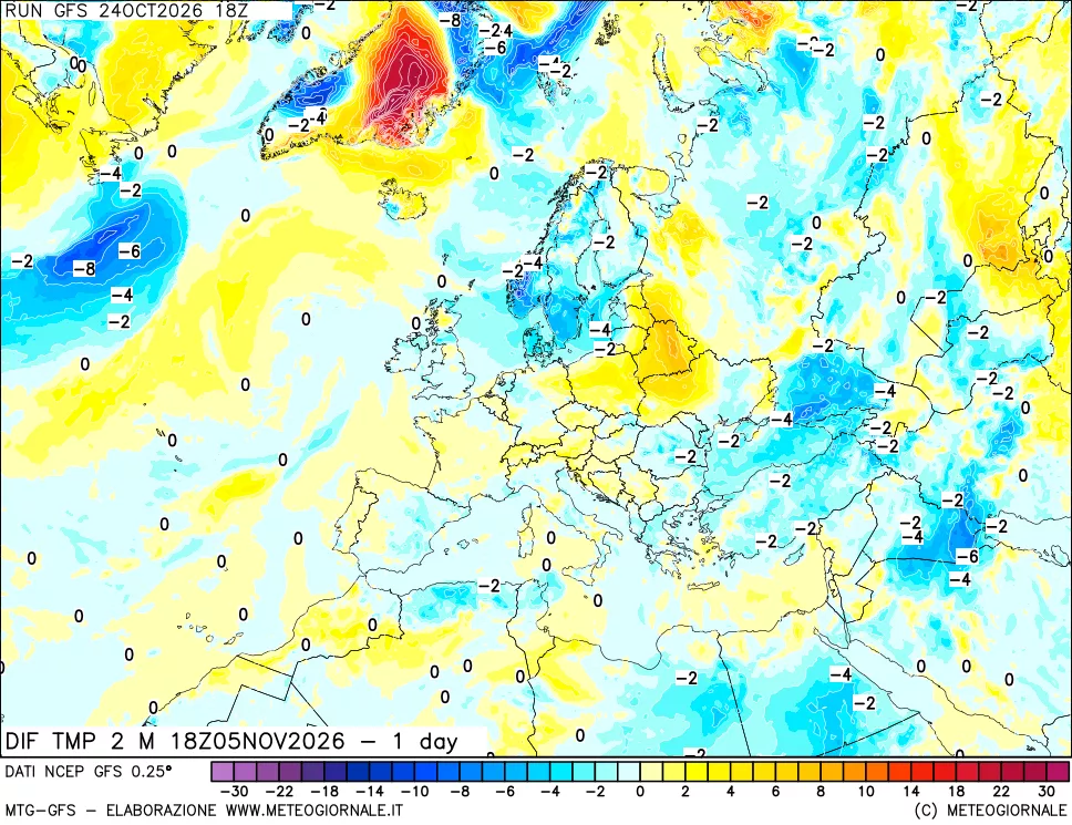 mappa Dif. Temp a 2 metri Valid - 1 day