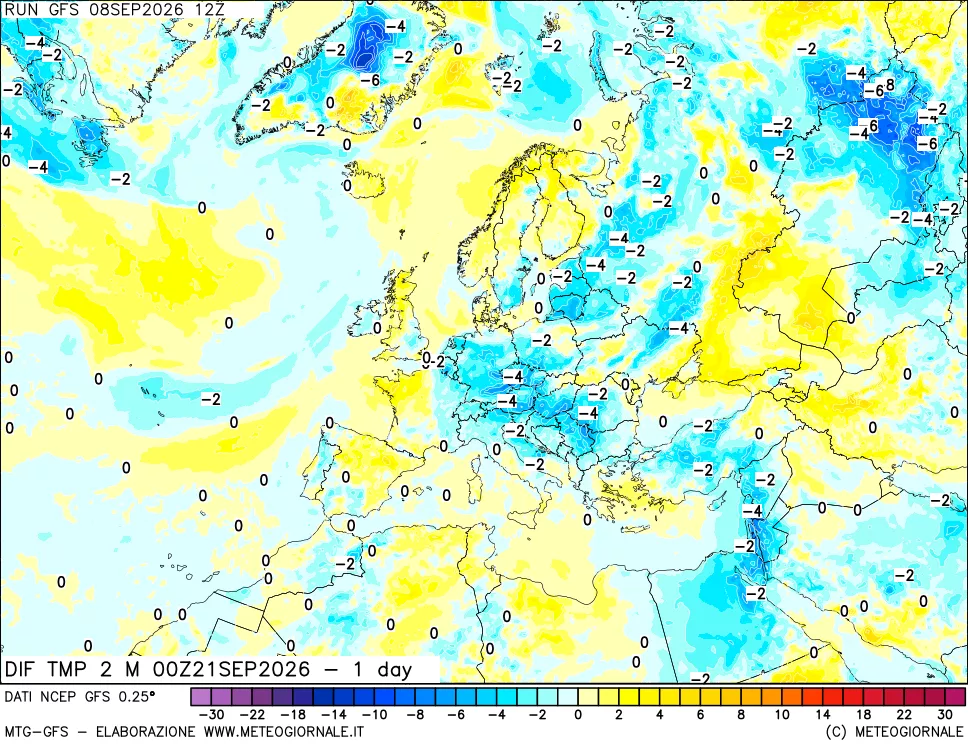 mappa Dif. Temp a 2 metri Valid - 1 day