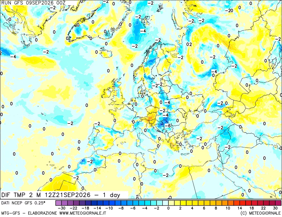 mappa Dif. Temp a 2 metri Valid - 1 day