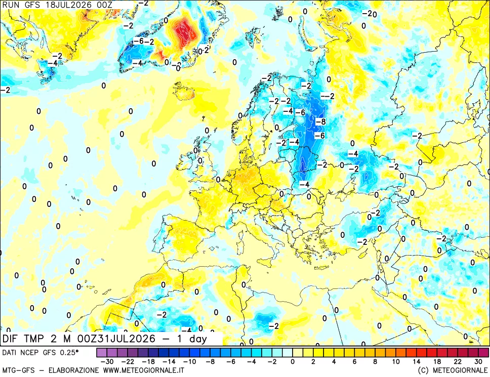 mappa Dif. Temp a 2 metri Valid - 1 day