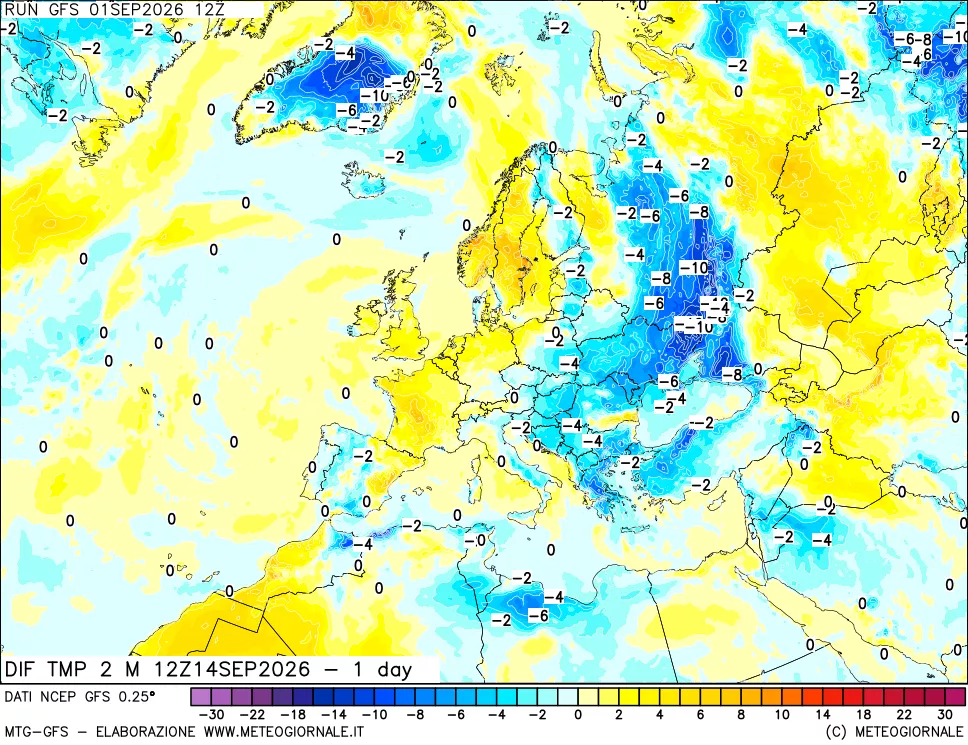 mappa Dif. Temp a 2 metri Valid - 1 day