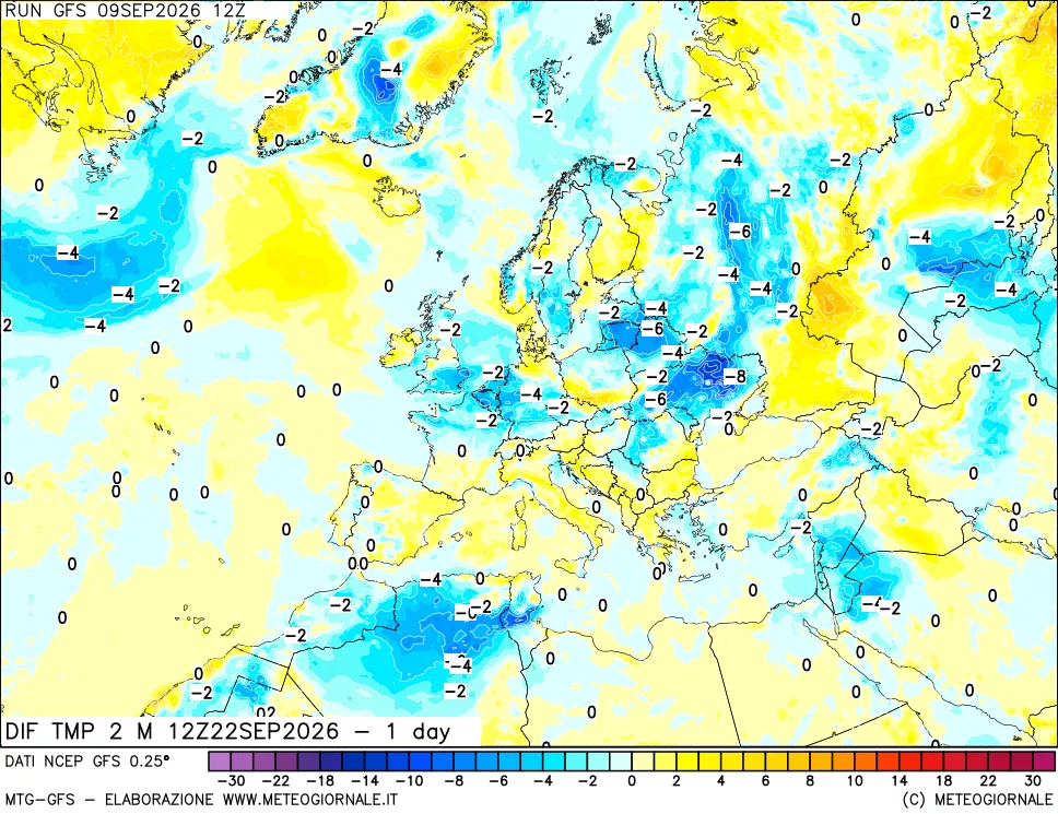mappa Dif. Temp a 2 metri Valid - 1 day