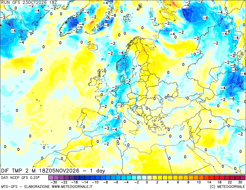 mappa Dif. Temp a 2 metri Valid - 1 day