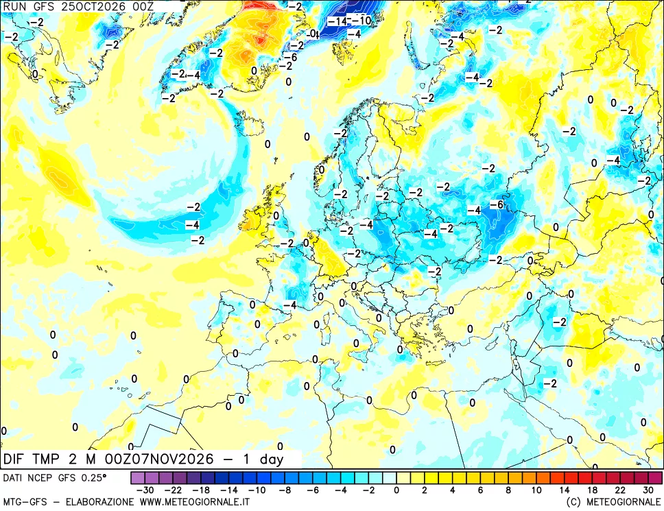 mappa Dif. Temp a 2 metri Valid - 1 day
