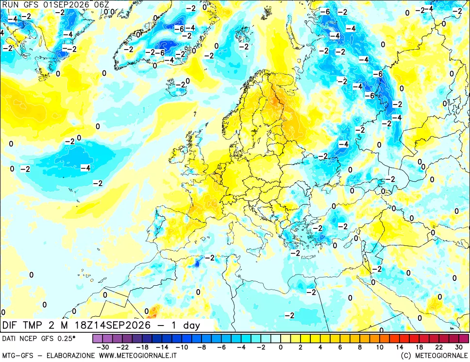 mappa Dif. Temp a 2 metri Valid - 1 day