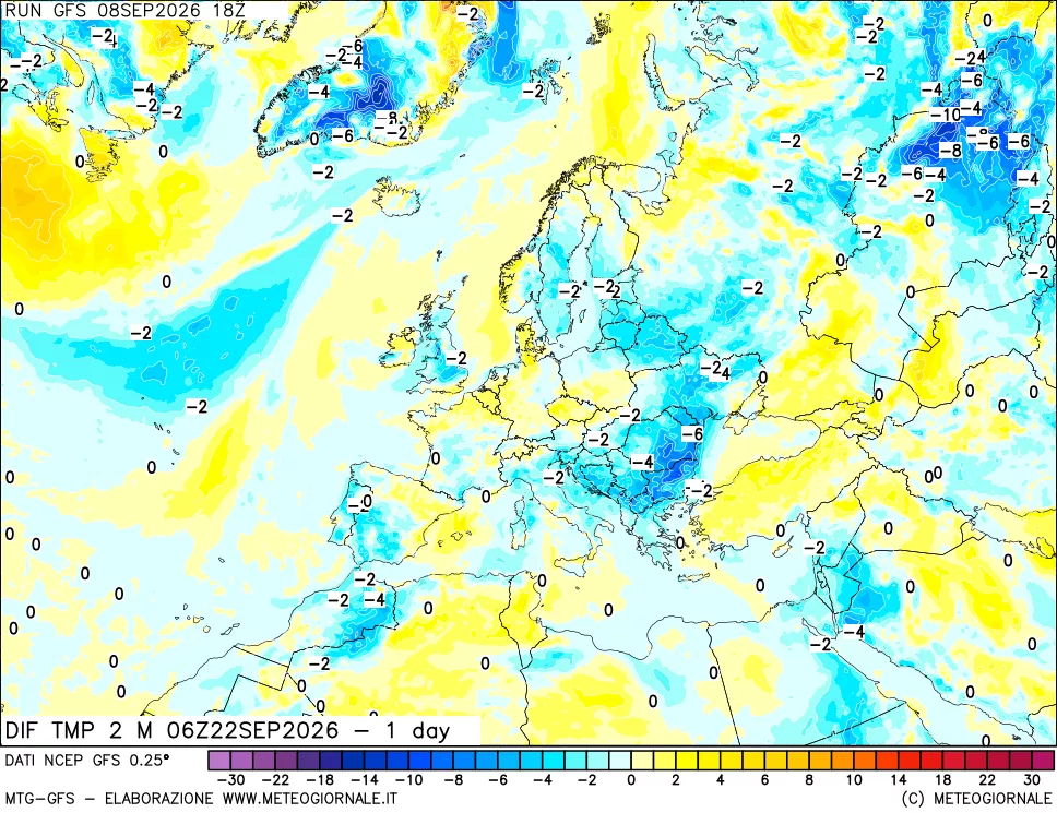 mappa Dif. Temp a 2 metri Valid - 1 day