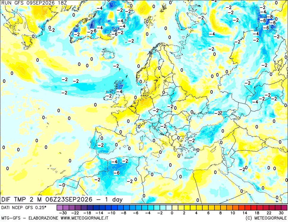 mappa Dif. Temp a 2 metri Valid - 1 day