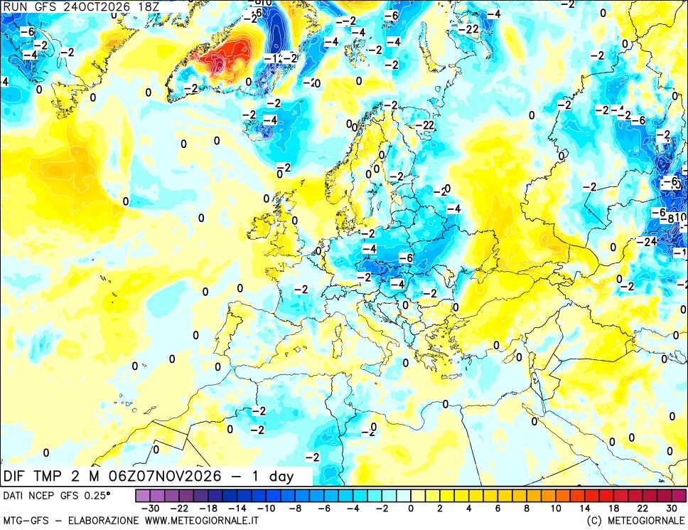 mappa Dif. Temp a 2 metri Valid - 1 day