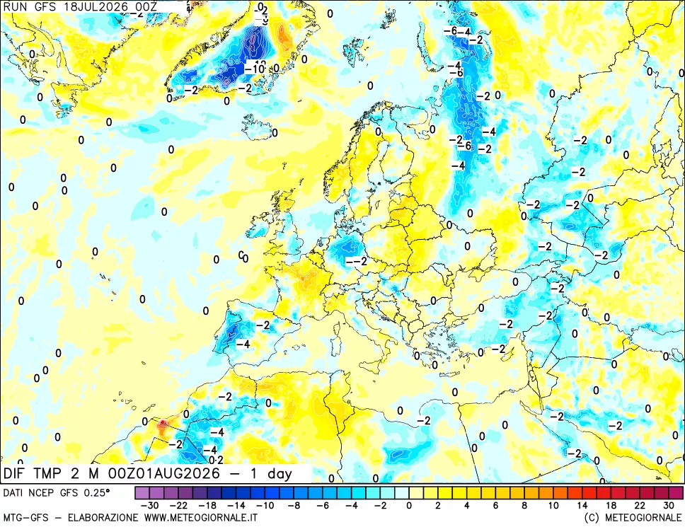 mappa Dif. Temp a 2 metri Valid - 1 day