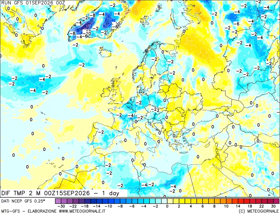 mappa Dif. Temp a 2 metri Valid - 1 day