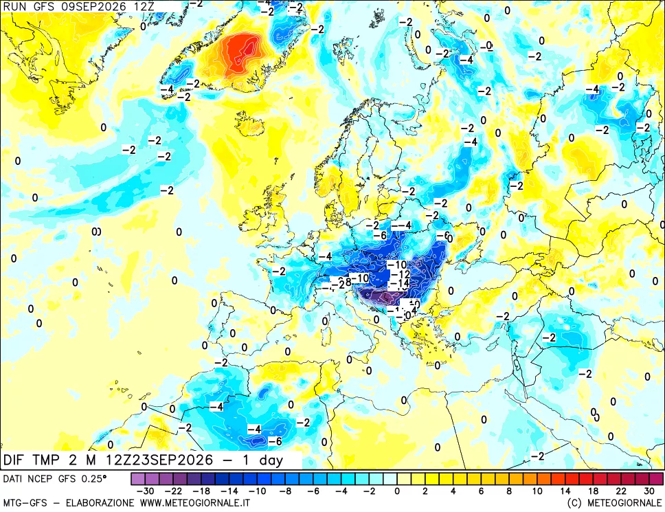 mappa Dif. Temp a 2 metri Valid - 1 day