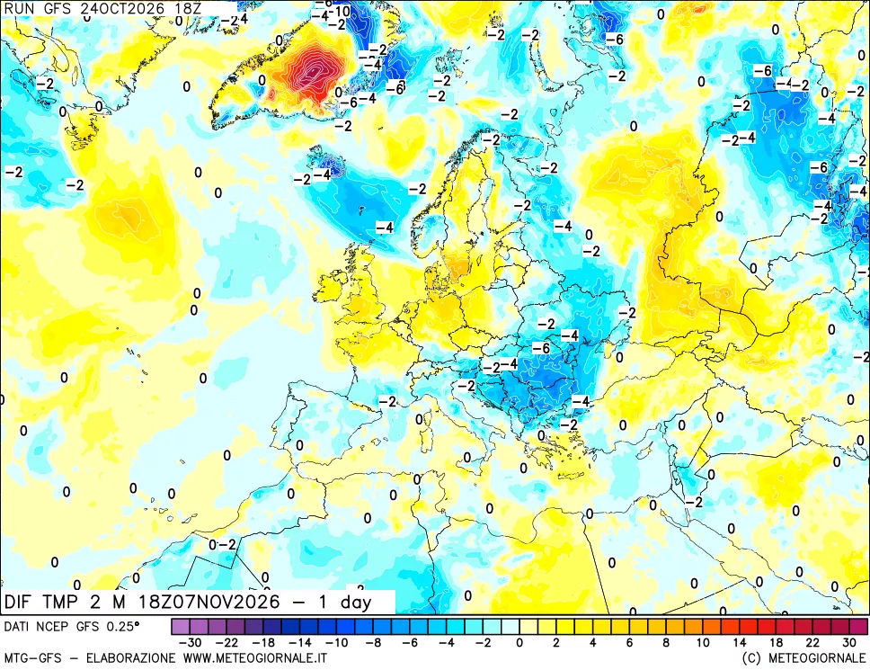 mappa Dif. Temp a 2 metri Valid - 1 day