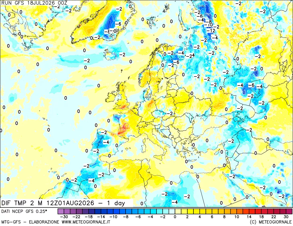 mappa Dif. Temp a 2 metri Valid - 1 day