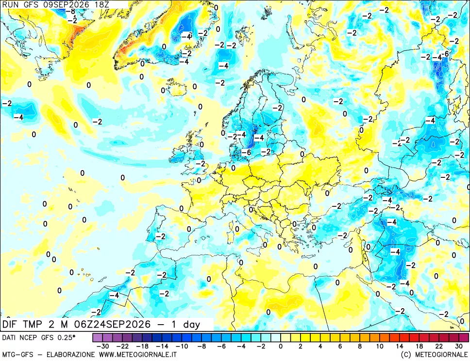 mappa Dif. Temp a 2 metri Valid - 1 day