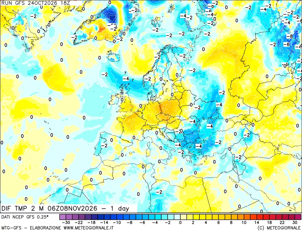 mappa Dif. Temp a 2 metri Valid - 1 day