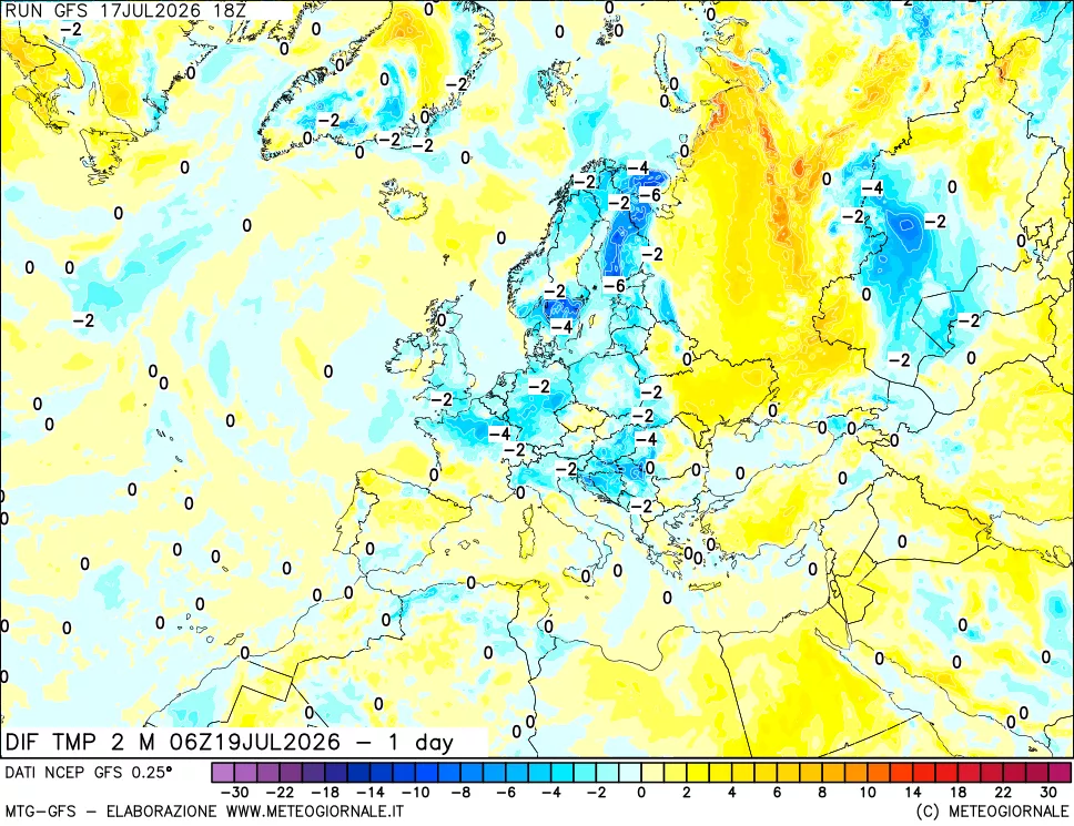 mappa Dif. Temp a 2 metri Valid - 1 day