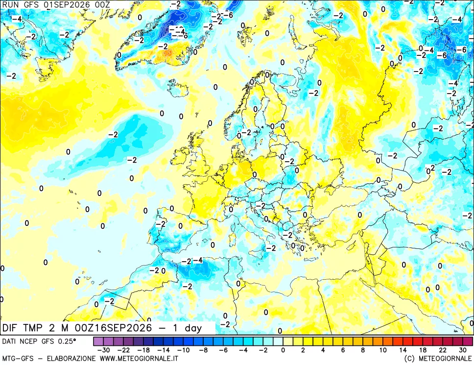 mappa Dif. Temp a 2 metri Valid - 1 day