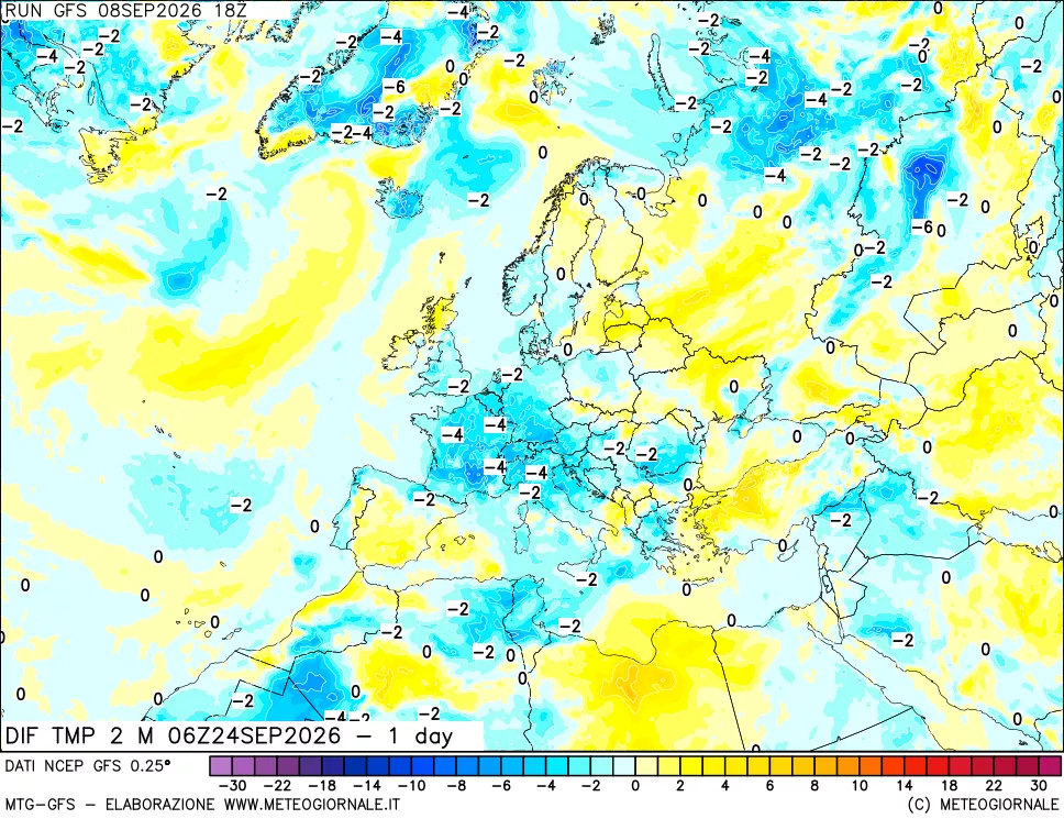 mappa Dif. Temp a 2 metri Valid - 1 day